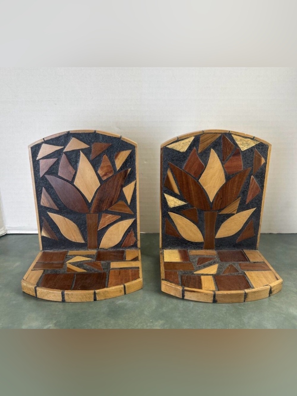 Vintage Handmade Ecuador Wood Mosaic Floral Bookends Pair Folk Art Decor MCM